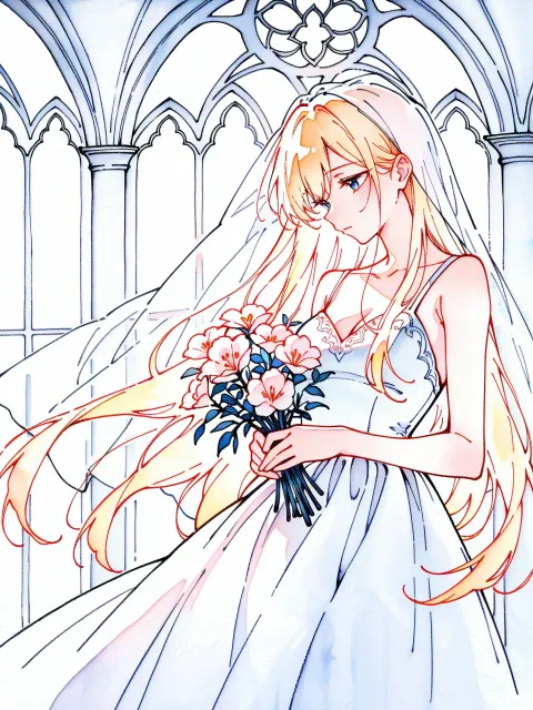 水彩で描くウェディングドレスの美しい女性、ブーケを持つ