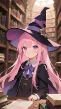 ピンク髪魔女娘💕古い図書館❤️