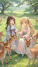 鹿に餌をあげる可愛い姉妹