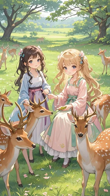 鹿に餌をあげる可愛い姉妹