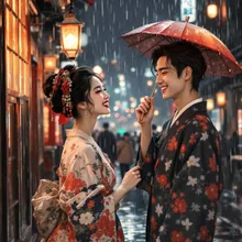 喜、スタンプ、江戸時代、花魁、幸福、満足感、アンニュイ、遊郭、雨、傘、提灯の灯り