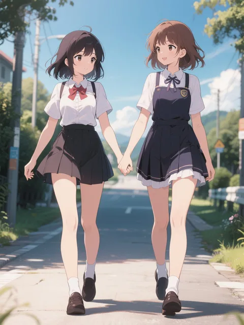 少女が2人で手を繋いで歩いている