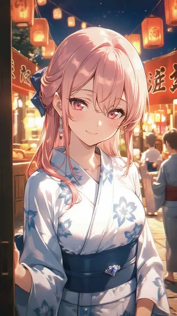 浴衣の美女、ほおずき市、赤いほおずき、夏祭りの市、上品な色気