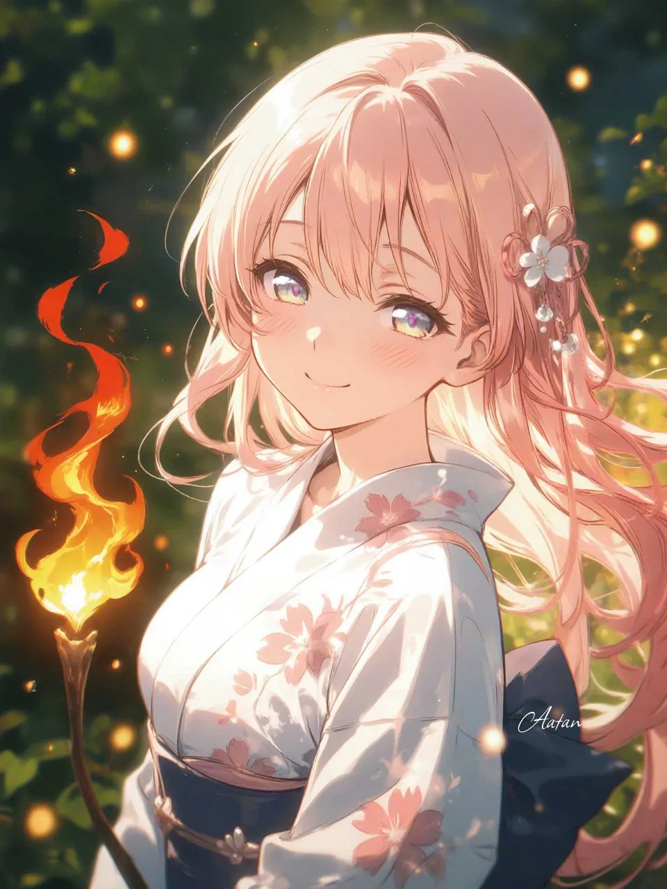幻月の再光プロ, アニメ風, イラスト - 篝火と浴衣美人 / 亜婭TAN