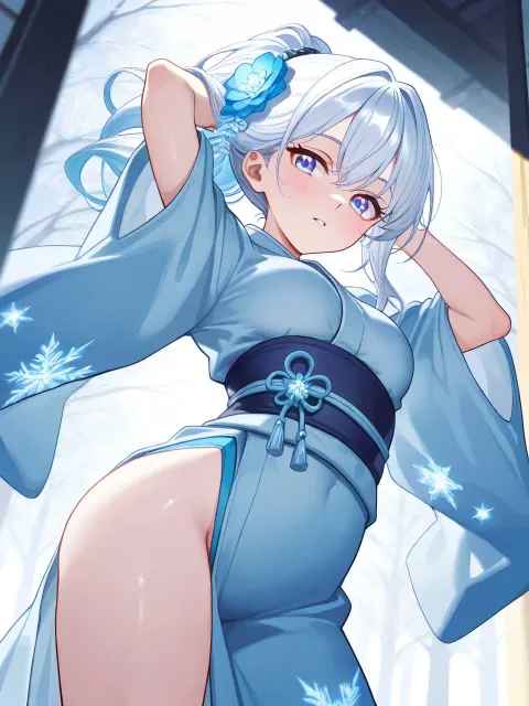 青白い着物の妖艶で美しい雪女の美少女、舞う雪の結晶、上目遣い