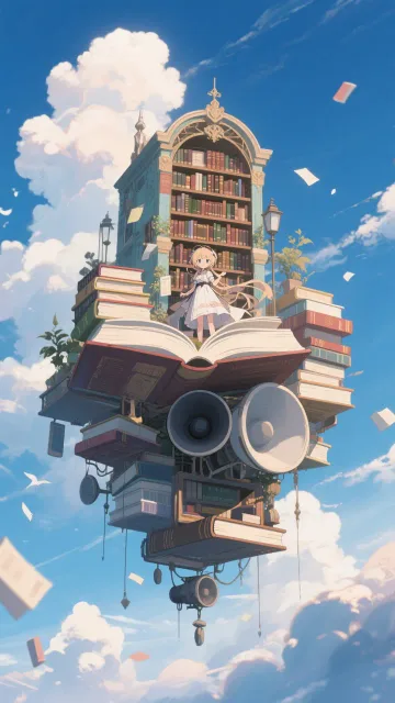 空飛ぶ図書館、本と空、光と影、スピーカーアートな雰囲気