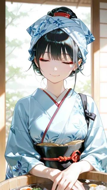 18歳の美女 藍の作務衣を着て黒髪を手ぬぐいで姉さん被りにし…