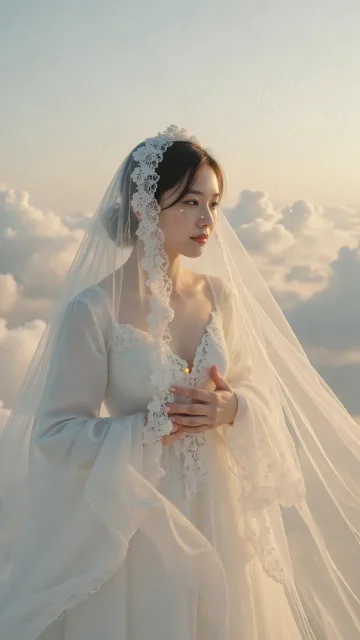 白い花嫁のベールをまとった若い女性が