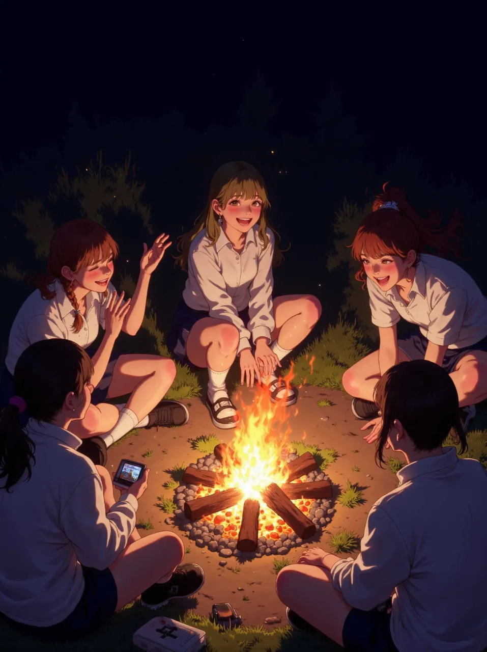 焚き火を囲んで無邪気な雑談🎶 — しゅうＴさんのAIイラスト