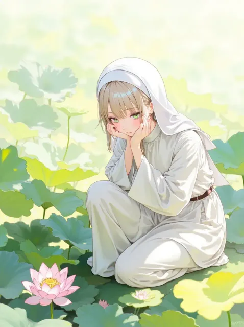 しゃがんで蓮の花を眺める尼の少女