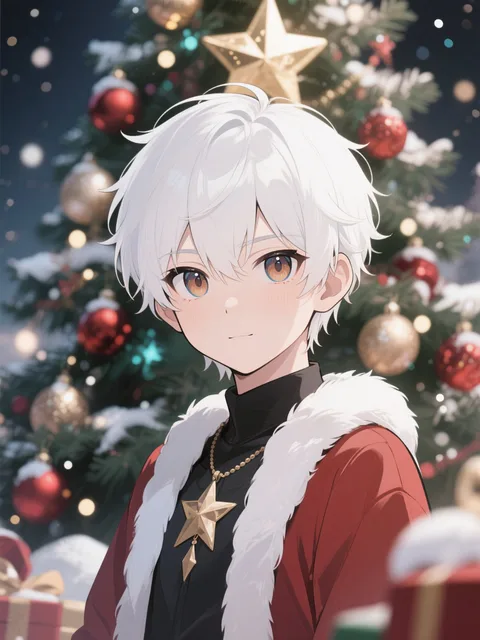白髪の男の子 星の背景 クリスマス 目付き悪い