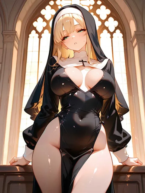 修道服の清楚で色っぽい成年女性のシスター、伏し目がちの祈り