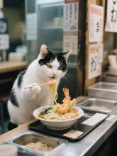 うどん食べるハチワレ猫