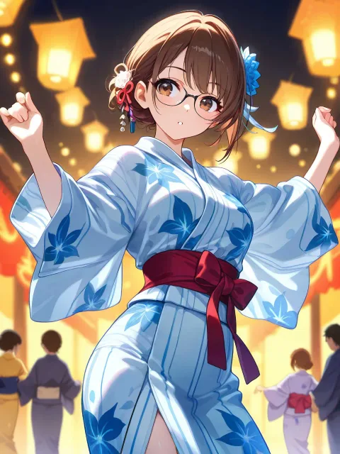 浴衣の美女、眼鏡っ娘、髪飾り、開けた浴衣、盆踊り、櫓と提灯