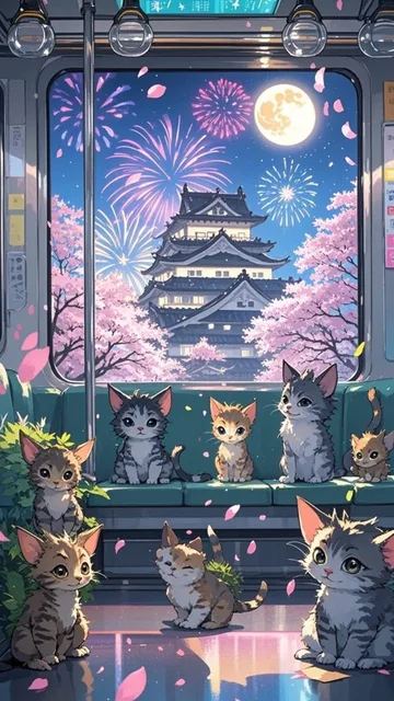 子猫のグレムリンごっこ、窓の外は弘前城、桜満開、花火、満月