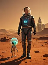 Elon Musk's Mars Mission: First Contact, Tesla Cities, and a Glimpse of the Future — DOGEさんのAIイラスト
