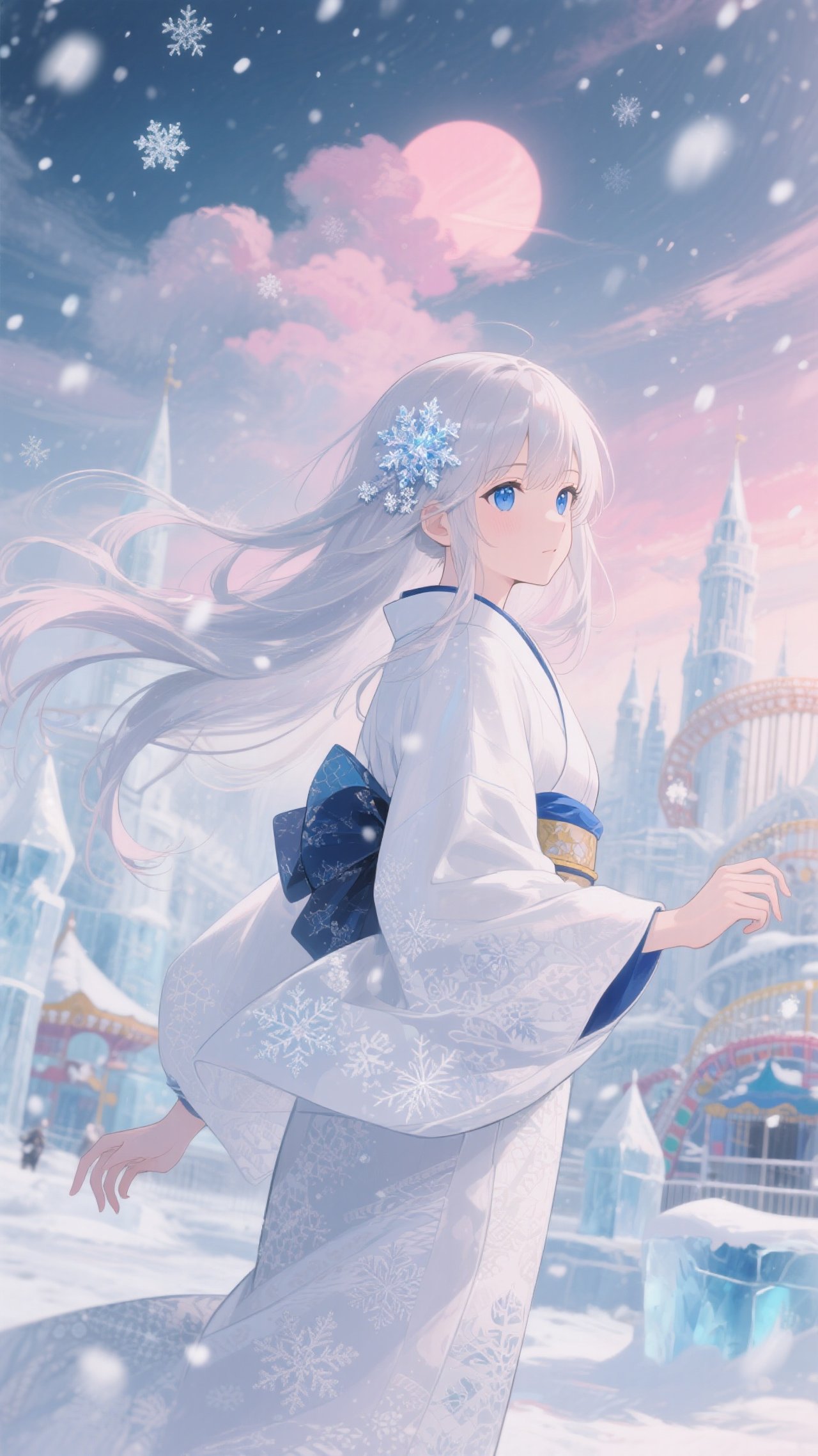 雪女ちゃん💕氷の遊園地🩵 — りゆさんのAIイラスト