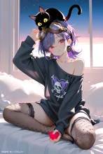 オーバーサイズのトレーナーで…パンク娘と黒ニャンコ…紫 — たくりんさんのAIイラスト