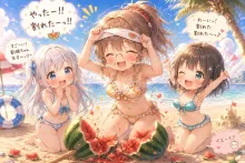 スイカ割りの菜摘、結衣、稚奈。