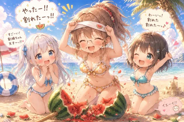 スイカ割りの菜摘、結衣、稚奈。