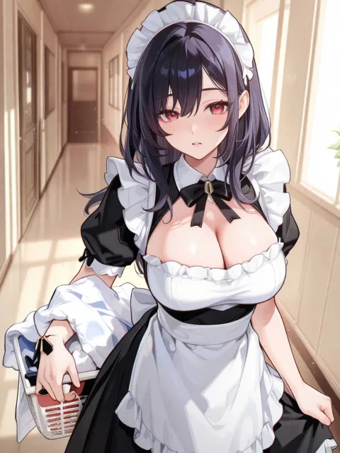 メイド服を着た成年女性、洗濯物を抱えた廊下 - メイド総選挙