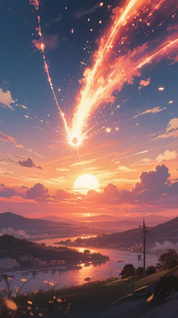 流星と共に沈む夕日