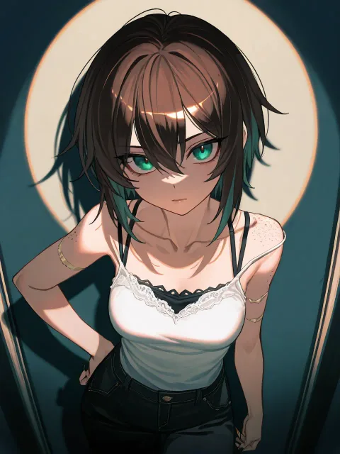 肩紐を両肩にかけた白いキャミソール姿の色っぽい成年女性