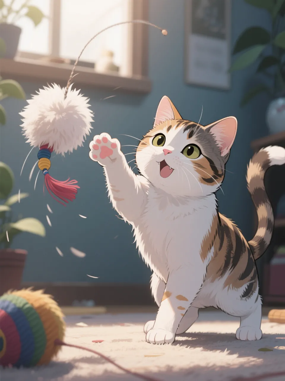 猫じゃらしを捕まえようとする猫