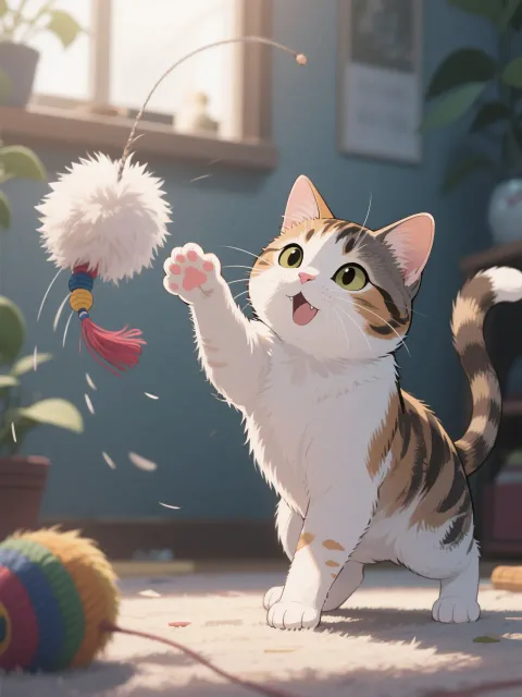 猫じゃらしを捕まえようとする猫