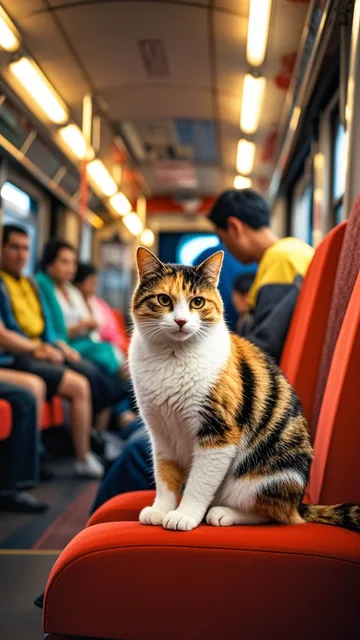 夕方五時、電車の赤いシートに乗客の間に座っている三毛猫