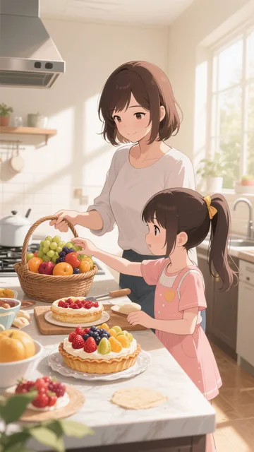 キッチンで母と娘がフルーツタルトを作っている - 🌟イベント 第134弾
