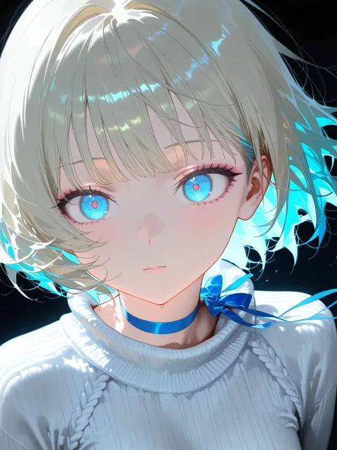 水色の長い髪がふわりと浮かぶ少女、青い瞳、白い毛糸の服