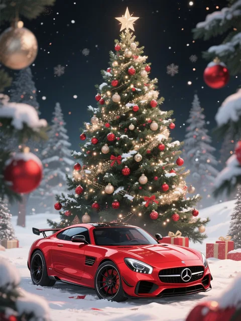 クリスマスツリーと赤いベンツ