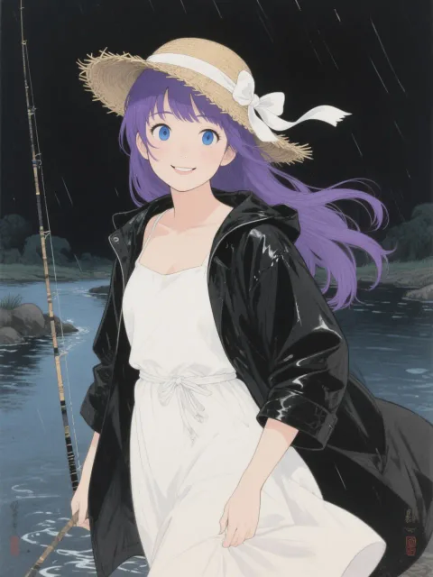 黒い漁服と腰蓑をつけた鵜匠、夜の川面、水をはじく腰蓑の藁 - 鵜飼