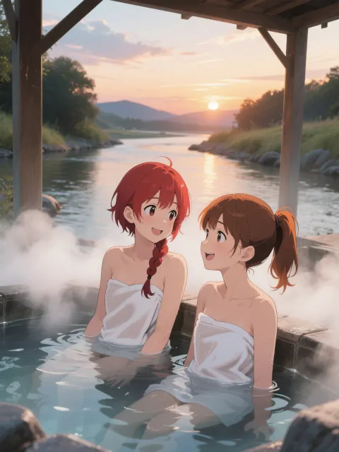 双子と川辺の露天風呂