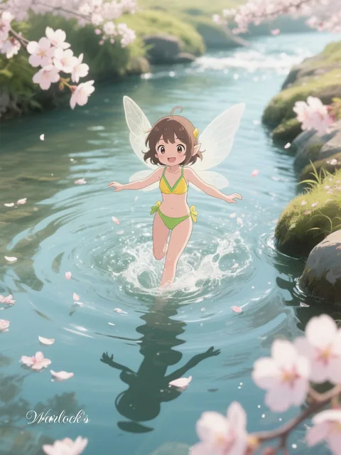水面に浮かぶ春、花と影、水面の対比